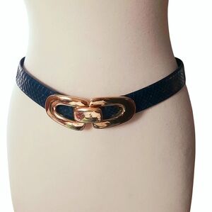 Vtg AMANDA SMITH Navy Genuine Snakeskin Leather Belt w/2pc Gold Buckle Sz M